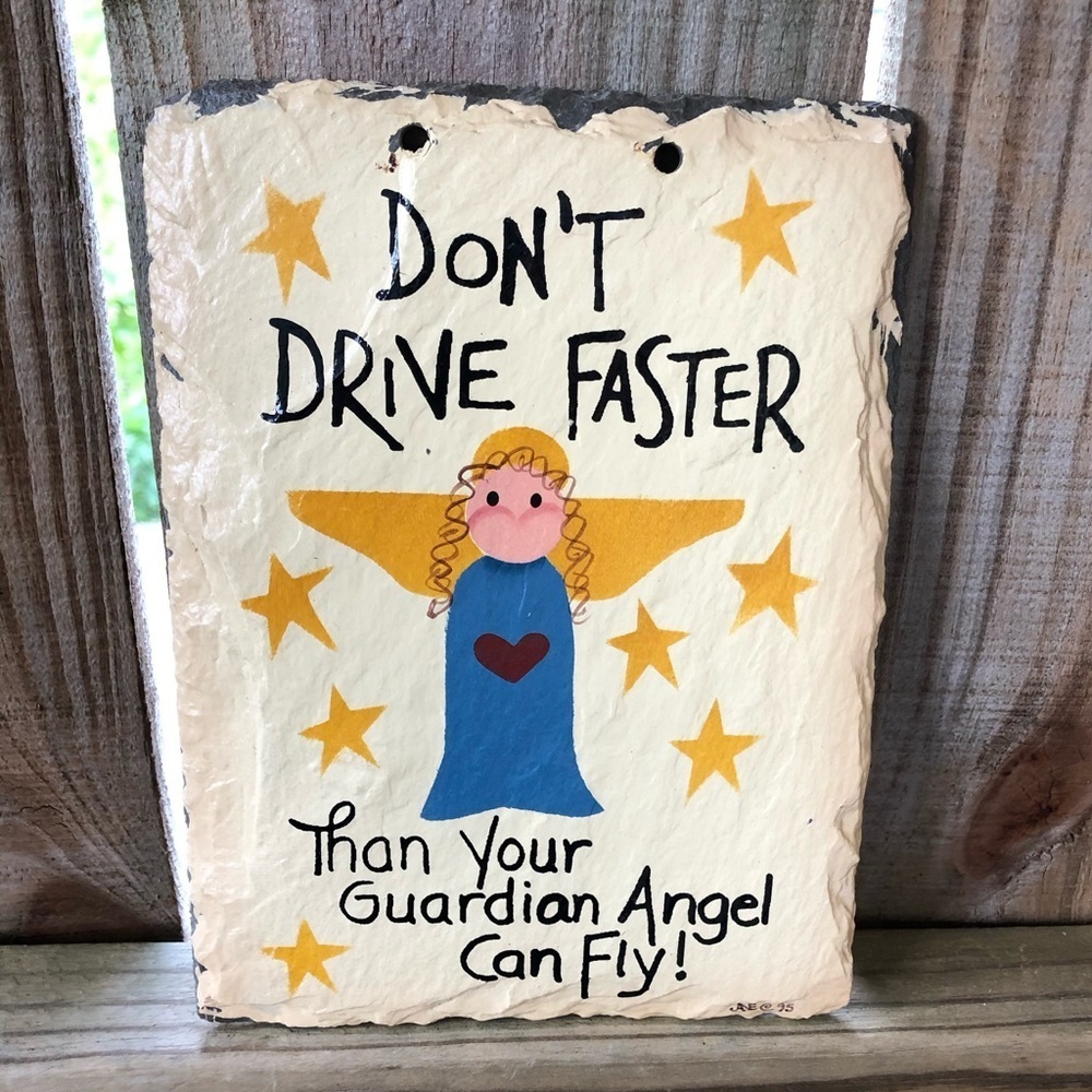 Hand Painted Original Hand Cut Slate Tile Guardian Angel Wall Sign by Plain Jane